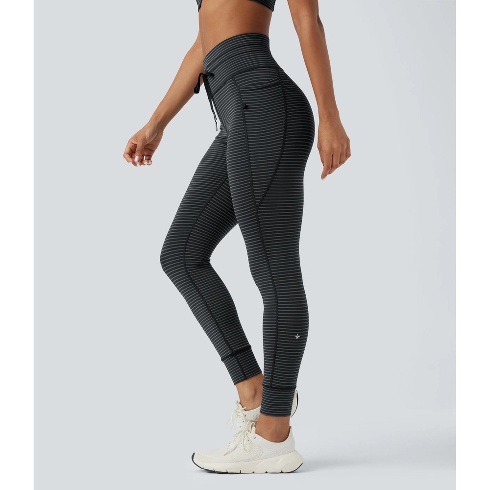 Halara Women Medium Gray Striped High Waisted Drawstring Leggings Pockets